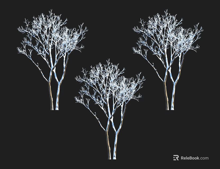 Three Leafless Trees Silhouette Isolated on Black Background 3d model 
