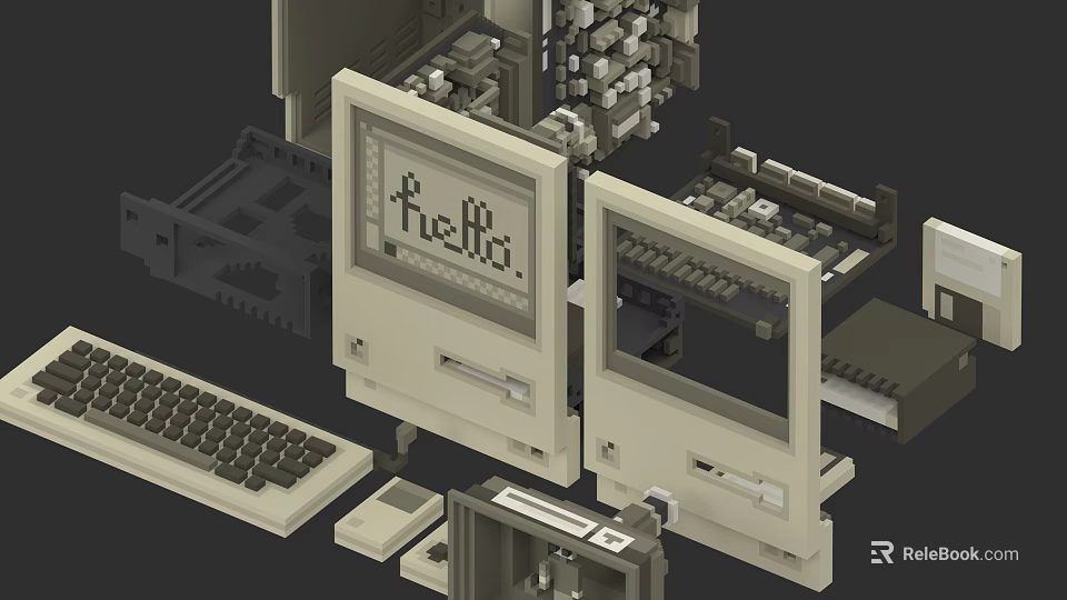 Vintage Computer Disassembled View With Monitor Keyboard Internal Components And Hello Screen 3d model 