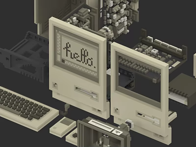 Vintage Computer Disassembled View With Monitor Keyboard Internal Components And Hello Screen 3d model