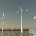 Wind Turbines Architectural Structure Design On Water Surface With Multiple Units And Sunset Sky 3d model