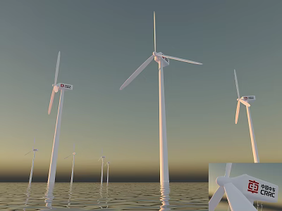 Wind Turbines Architectural Structure Design On Water Surface With Multiple Units And Sunset Sky 3d model
