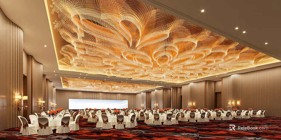 Luxurious Banquet Hall With Elegant Ceiling Decor Round Tables White Chair Covers And Red Floral Arrangements 3d model 