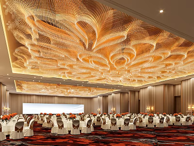 Luxurious Banquet Hall With Elegant Ceiling Decor Round Tables White Chair Covers And Red Floral Arrangements 3d model