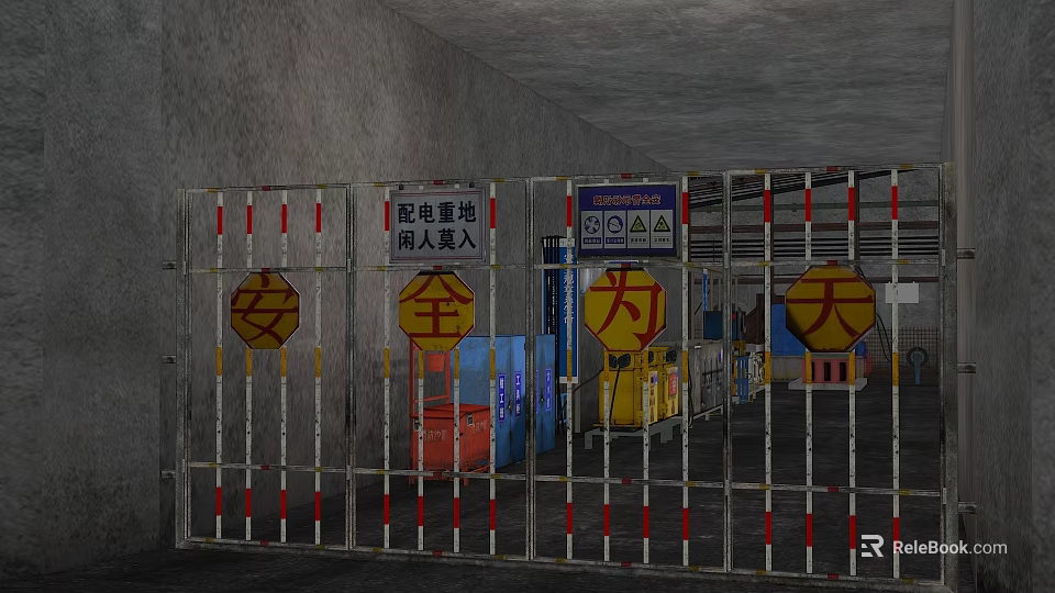 Industrial Equipment Distribution Area With Safety Warning Signs And Metal Gate 3d model 