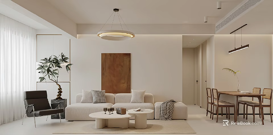 Elegant Modern Living And Dining Room Interior With Beige Sofa Coffee Tables And Round Chandelier 3d model 