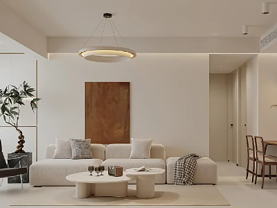 Elegant Modern Living And Dining Room Interior With Beige Sofa Coffee Tables And Round Chandelier 3d model