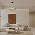 Elegant Modern Living And Dining Room Interior With Beige Sofa Coffee Tables And Round Chandelier