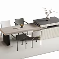 Modern Bar Counter Wooden Top With Dining Chairs And Decorative Vase Plant