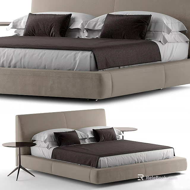 Modern Upholstered Double Bed With Beige Headboard Dark Bedspread And Side Tables 3d model