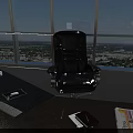 Black Ergonomic Office Chair In Modern Office With Large Windows And City View