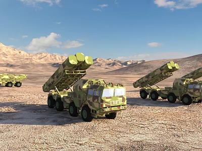 Multiple Camouflage Missile Launch Vehicles Deployed In Desert Mountainous Terrain 3d model