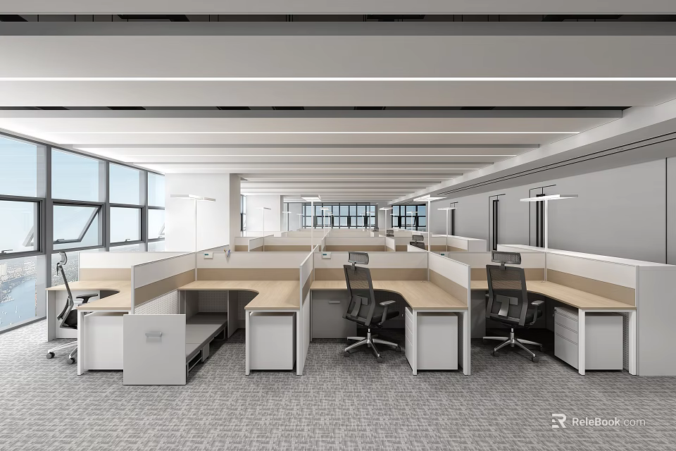 Modern Public Office Area Interior Design With Open Workstations Desks Chairs And Large Windows 3d model 