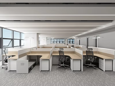 Modern Public Office Area Interior Design With Open Workstations Desks Chairs And Large Windows 3d model