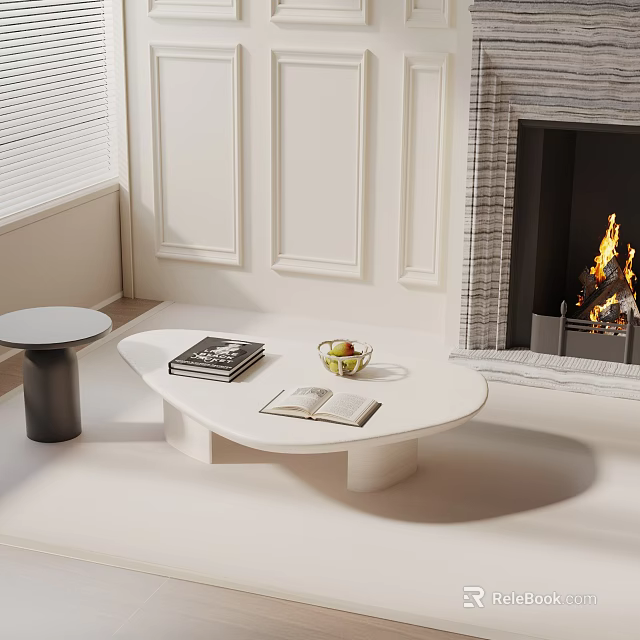 Minimalist Modern Sofa and Coffee Table Set Living Room With Fireplace Books and Fruit Bowl 3d model 