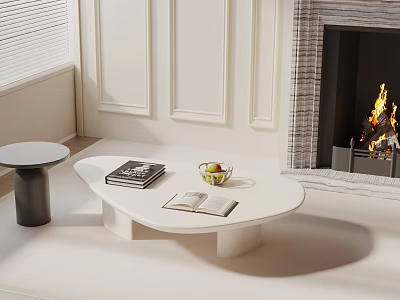 Minimalist Modern Sofa and Coffee Table Set Living Room With Fireplace Books and Fruit Bowl 3d model