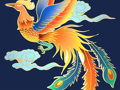 Traditional Carved Phoenix Art With Colorful Feathers And Clouds On Dark Blue Background 3d model