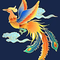 Traditional Carved Phoenix Art With Colorful Feathers And Clouds On Dark Blue Background