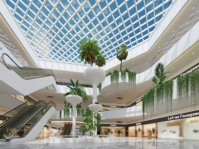Spacious Multi Level Shopping Mall Atrium With Glass Roof Escalators And Hanging Plants 3d model