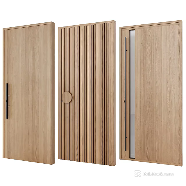 Modern Wooden Swing Doors With Textured Panels And Various Handle Designs 3d model 