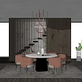 Modern Restaurant Interior With Round Dining Table Chairs And City View Windows 3d model