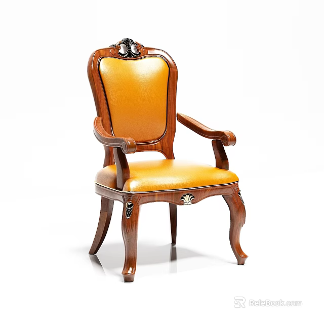 Traditional Wooden Dining Chair With Armrests Yellow Leather Seat And Carved Details 3d model 