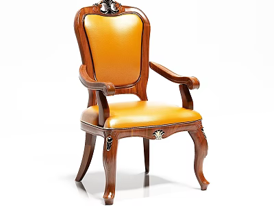 Traditional Wooden Dining Chair With Armrests Yellow Leather Seat And Carved Details 3d model