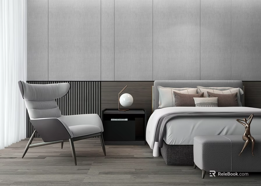 Stylish Bedroom Interior Featuring Double Bed Gray Walls Pillows Nightstand Lamp Armchair Ottoman Wooden Flooring 3d model 