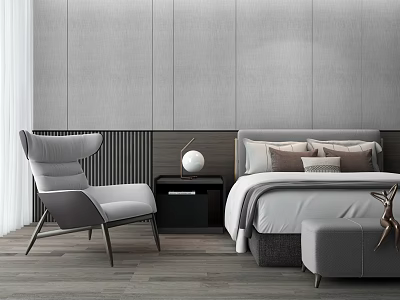 Stylish Bedroom Interior Featuring Double Bed Gray Walls Pillows Nightstand Lamp Armchair Ottoman Wooden Flooring 3d model