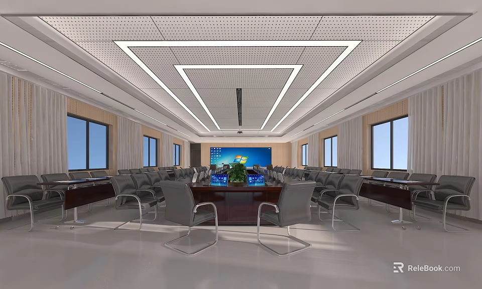 Modern Conference Room Interior With Long Table Chairs Large Screen Windows And Ceiling Lighting 3d model 