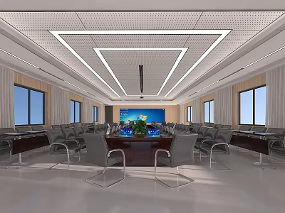 Modern Conference Room Interior With Long Table Chairs Large Screen Windows And Ceiling Lighting 3d model