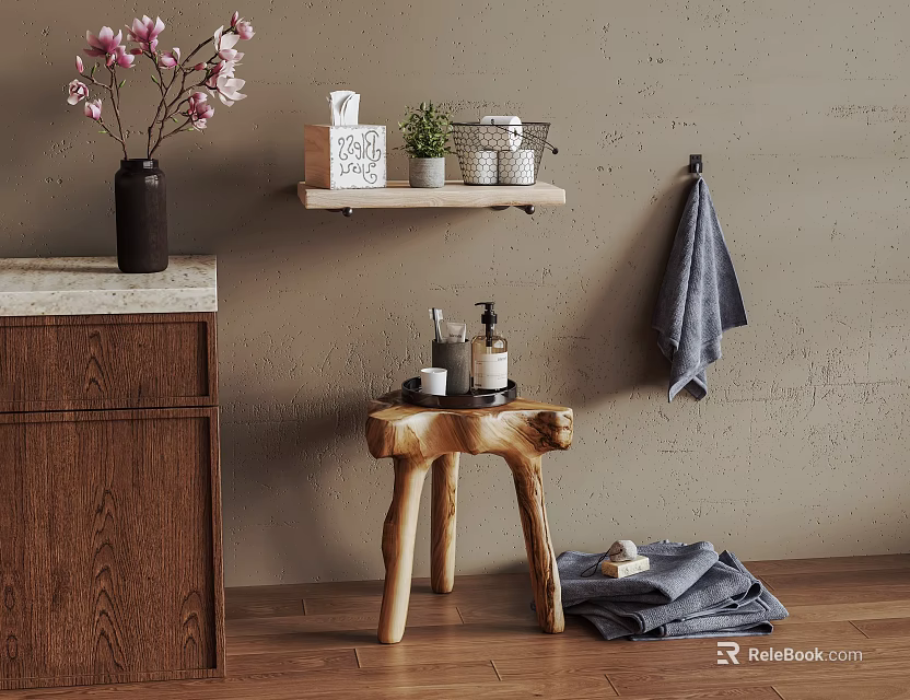 Rustic Wooden Stool In Warm Interior With Wooden Cabinet Vase Flowers And Shelf 3d model 