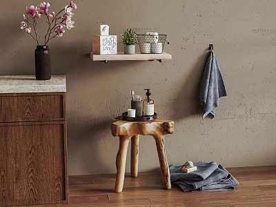 Rustic Wooden Stool In Warm Interior With Wooden Cabinet Vase Flowers And Shelf 3d model