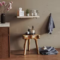 Rustic Wooden Stool In Warm Interior With Wooden Cabinet Vase Flowers And Shelf