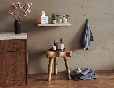 Rustic Wooden Stool In Warm Interior With Wooden Cabinet Vase Flowers And Shelf 3d model