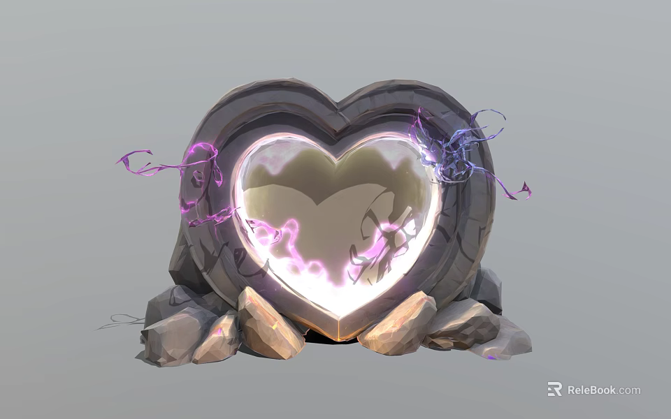 Heart Shaped Stone Structure With Glowing Purple And Pink Light Supported By Rocks 3d model 