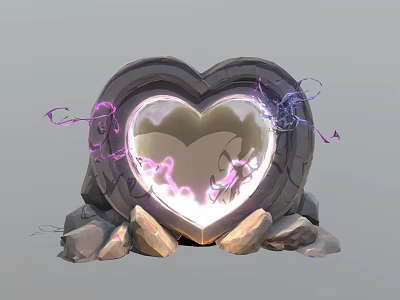 Heart Shaped Stone Structure With Glowing Purple And Pink Light Supported By Rocks 3d model