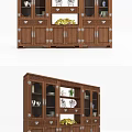 Brown Carved Bookcase With Glass Doors Drawers Plates Vases Green Plants And Books