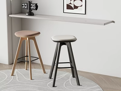 Minimalist Bar Stools With Light Wood And Black Legs Beige Cream Seats In Modern Interior 3d model
