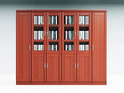 Classic Wooden Bookcase With Multiple Glass And Wooden Doors Filled With Books For Home Office 3d model