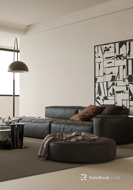 Modern Living Room Interior With Black Leather Sofa Brown Pillows Abstract Mural And Floor Lamp 3d model 
