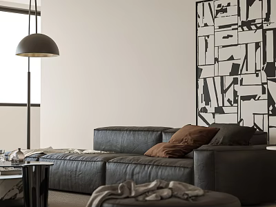 Modern Living Room Interior With Black Leather Sofa Brown Pillows Abstract Mural And Floor Lamp 3d model