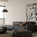 Modern Living Room Interior With Black Leather Sofa Brown Pillows Abstract Mural And Floor Lamp