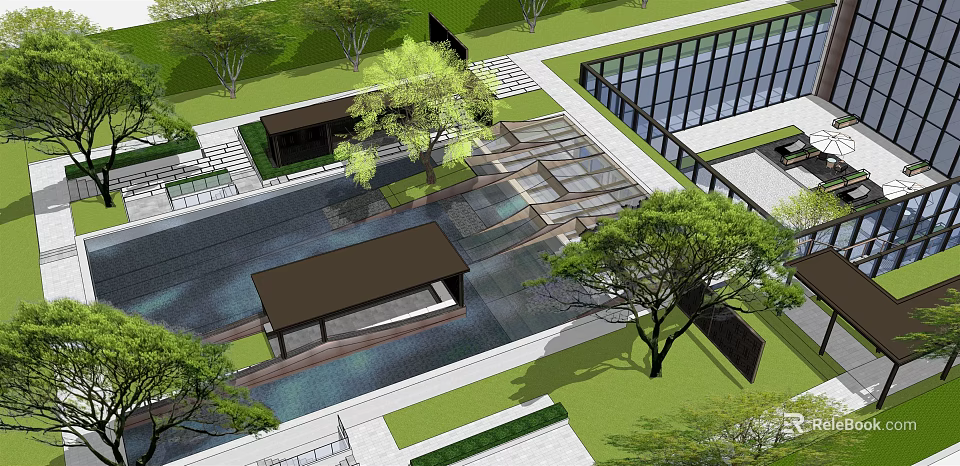 Modern Garden Landscape Design With Water Feature Pavilion Trees Glass Structure And Stone Pathway 3d model 