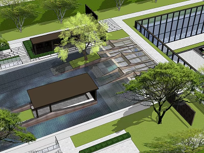 Modern Garden Landscape Design With Water Feature Pavilion Trees Glass Structure And Stone Pathway 3d model