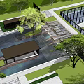 Modern Garden Landscape Design With Water Feature Pavilion Trees Glass Structure And Stone Pathway
