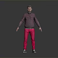 A man standing against gray background in dark purple jacket pink pants and silver shoes