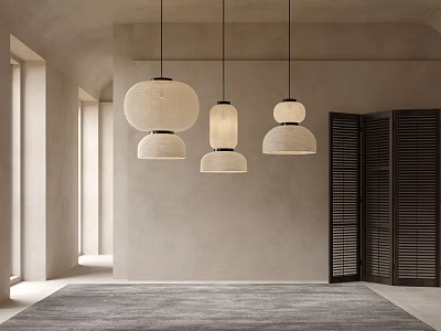 Modern Interior With Multiple Beige Fabric Pendant Lights Slatted Doors And Natural Light 3d model