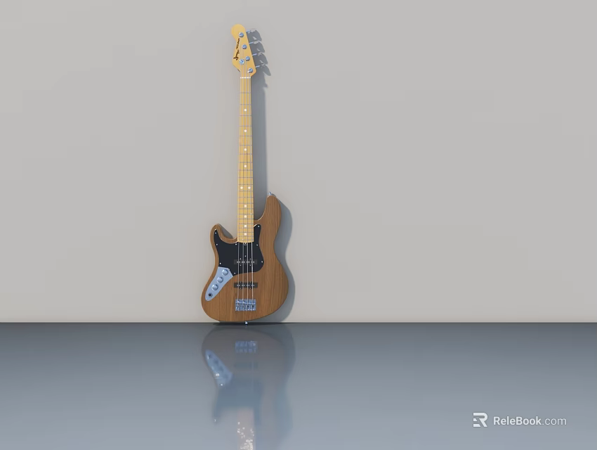 Wooden Bass Guitar With Yellow Neck White Pickups And Gray Wall Floor Reflection 3d model 
