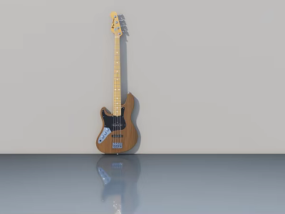 Wooden Bass Guitar With Yellow Neck White Pickups And Gray Wall Floor Reflection 3d model