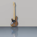 Wooden Bass Guitar With Yellow Neck White Pickups And Gray Wall Floor Reflection